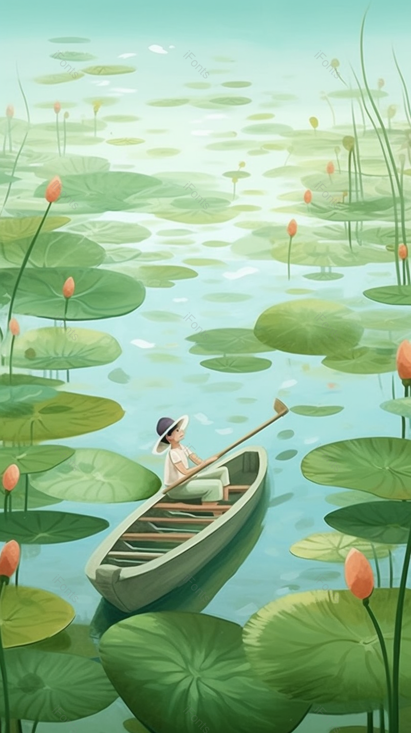 绿色的荷叶荷花中男孩划船游玩,插画/手绘图,插画/手绘图库,插画/手绘图下载,插画/手绘